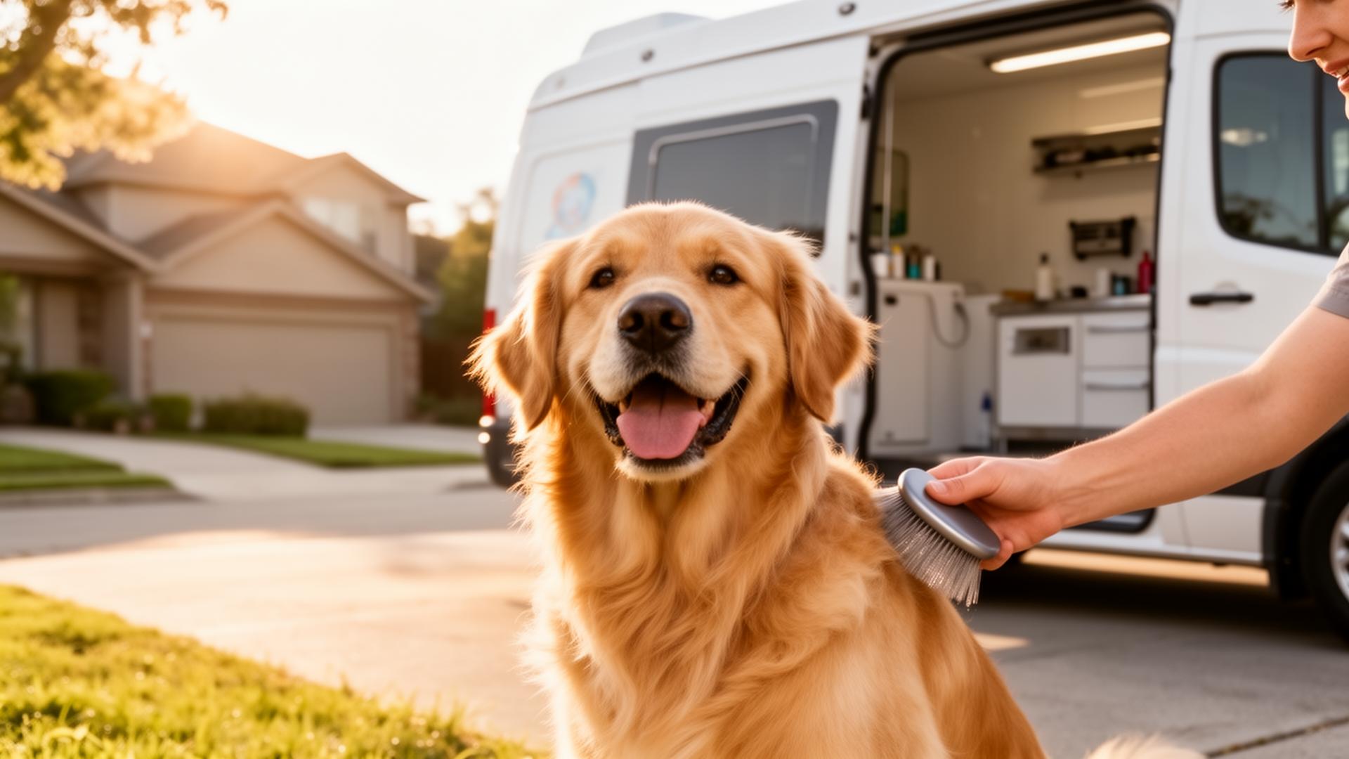 Happy golden retriever being groomed beside a mobile grooming van